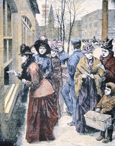 アメリカの女性参政権：1869年にその権利を獲得したワイオミング準州で投票する女性たち（カラー図版 作： American School