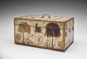 ワークボックス、c.1830-40（未確認の木材、金属、ベルベット、ペンキ、綿の詰め物） 作： American School