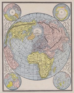 大陸、極地、海面の変化を示した世界地図（彩色された彫刻）。