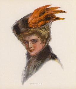 オレンジの羽のついた帽子をかぶる若い女性（カラーリトグラフ） 作： American School