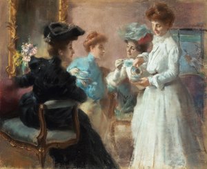 アメリーノ・カニョーニ（1853-1923）作「セナート通りの私の居間でのティータイム」、紙にパステル、キャンバスにマウント、48x56.5cm 作： Amerino Cagnoni