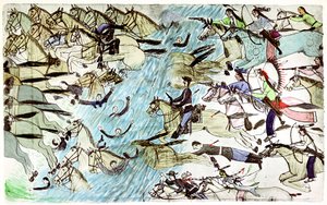 ネイティブアメリカンの戦士、c1900によって追跡された川を渡って後退するアメリカの騎兵 作： Amos Bad Heart Buffalo