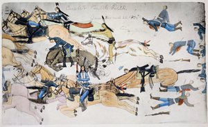 リトル ビッグホーンの戦い、モンタナ州、アメリカ合衆国、1876 年 6 月 25 ～ 26 日 c1900 作： Amos Bad Heart Buffalo