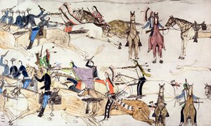 リトル ビッグホーンの戦い、モンタナ州、アメリカ合衆国、1876 年 6 月 25 ～ 26 日 c1900 作： Amos Bad Heart Buffalo