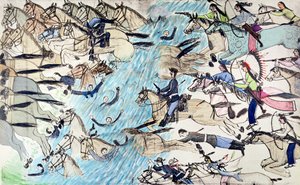 リトル ビッグホーンの戦い、モンタナ州、アメリカ合衆国、1876 年 6 月 25 ～ 26 日 c1900 作： Amos Bad Heart Buffalo