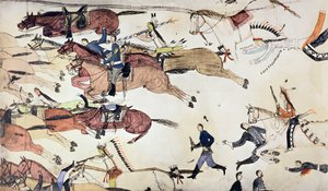 リトル ビッグホーンの戦い、モンタナ州、アメリカ合衆国、1876 年 6 月 25 ～ 26 日 c1900 作： Amos Bad Heart Buffalo
