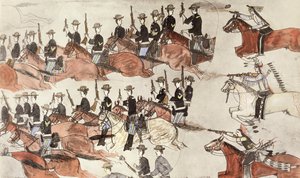 リトル ビッグホーンの戦い、モンタナ州、アメリカ合衆国、1876 年 6 月 25 ～ 26 日 c1900 作： Amos Bad Heart Buffalo