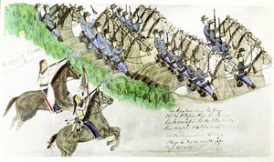 1876年6月25日、モンタナ州リトル・ビッグ・ホーン川の戦いの始まり。平原インディアンとアメリカ騎兵隊。スー族インディアンAmos Bad Heart Buffaloの絵より。 作： Amos Bad Heart Buffalo