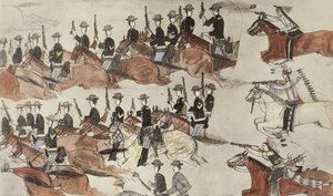 マーカス・リノ少佐がインディアンの反撃前に退却（紙にインク） 作： Amos Bad Heart Buffalo