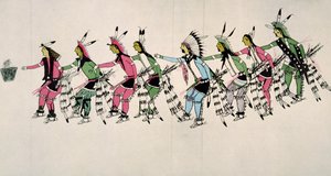 彼の犬の戦士に敬意を表して公開ダンス（紙にインク） 作： Amos Bad Heart Buffalo