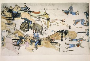 マーカス・リノ少佐の命令の撤退（紙にインク） 作： Amos Bad Heart Buffalo
