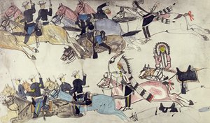 マーカス・リノ少佐の命令の撤退（紙にインク） 作： Amos Bad Heart Buffalo