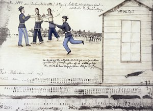 1877年のネブラスカ州フォートロビンソンでのクレイジーホース（1842年〜77年頃）の死（紙にインク） 作： Amos Bad Heart Buffalo