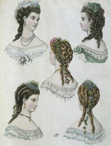 ヘアスタイル、「La Mode illustree」のイラスト、1860年（カラー彫刻） 作： Anais Toudouze