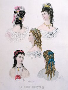リボン付きヘアスタイル、「La Mode Illustree」のイラスト、1872年（カラー彫刻） 作： Anais Toudouze