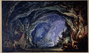 Adolphe Adam (1803-1856) によるバレエ Le Corsaire の準備装飾 (A.Adam による Ballet Corsair の舞台デザイン)。 海からアクセスできる海賊の洞窟で、海賊は戦利品やあらゆる種類の賞品 (衣服、皿、武器) を積み上げます。 おー 作： Anatoli Fedorovich Geltser