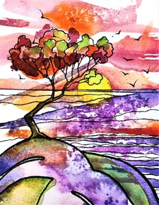 鮮やかな海に沈む夕日
