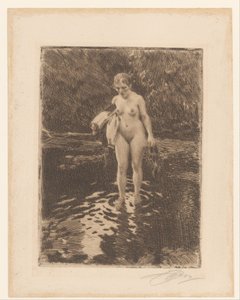 入浴女性 浅瀬 - Vadstället 作： Anders Leonard Zorn (signed by artist)