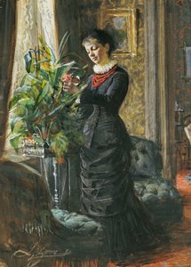 Fru Lisen Samson、nee Hirsch、窓に花を生けた肖像、1881年 作： Anders Leonard Zorn