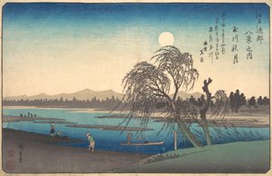 多摩川の秋の月。 1838年頃。 1838年。 作： Ando Hiroshige