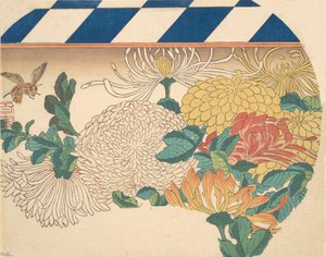 扇形のデザインの菊、1840年代、1840年代。 作： Ando Hiroshige