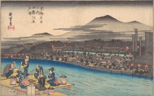 夕方、四条河原で涼む。 1834年頃。 1834年。 作： Ando Hiroshige