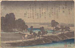 東の森の夕雨、カリフォルニア州。 1838年頃。 1838年。 作： Ando Hiroshige