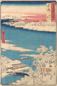 降雪後の朝、武蔵国、隅田川 、シリーズ Views o... から、ca. 1853年。