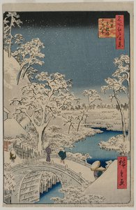 目黒の太鼓橋のトワイライトの写真...、1857年。