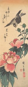 スズメとハイビスカス 1834年頃。 1834年。 作： Ando Hiroshige