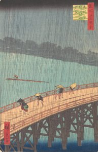 Sudden Shower over Shin-Ohashi Bridge and Atake Ohashi Atake no yudachi, from the series..., 1857. 作： Ando Hiroshige