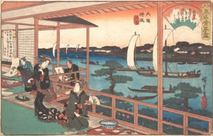 ウィロー ブリッジのティー ハウス、カリフォルニア州。 1835～42年頃。 1835-42。 作： Ando Hiroshige