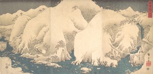 1857年、巳年8月の雪の木曽山脈。 作： Ando Hiroshige