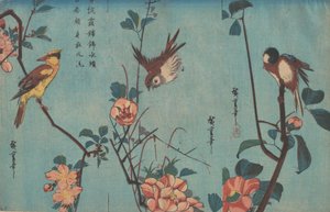 右はシジュウカラとツバキ、中央はスズメと野バラ、そしてクロエリ・オリオール...1833年頃。
