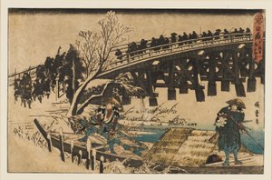 木版画 - 橋の下のボートに乗った 2 人の男性、1797～1858 年