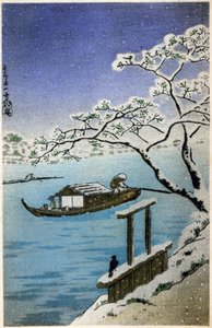 地理日本。冬の川。広重による木版画：東海道五十三次』（1833-1834）所収。日本、1900年頃（絵葉書） 作： Ando or Utagawa (after) Hiroshige