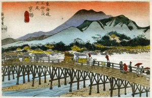 地理。日本橋（55合目）の朝焼け。広重の木版画：東海道五十三次』（1833-1834）所収。1900年頃、日本、絵葉書。 作： Ando or Utagawa (after) Hiroshige