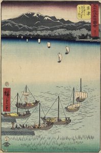53、草津の草津海岸の八橋フェリーゲートでのセーリングボート、1855 作： Ando or Utagawa Hiroshige