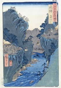 飛騨国カゴワタシバスケットフェリー（木版画） 作： Ando or Utagawa Hiroshige