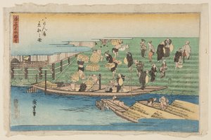 八軒家に停泊する船（八軒家茶碗の図）（カラー木版画 作： Ando or Utagawa Hiroshige