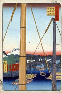 「名所江戸百景」（現在の東京）：鉄砲洲の稲荷橋と湊寺。 富士山を背景にした日本の東京の街の眺め。 （鉄砲洲の港神社と稲荷橋（名所江戸百景））日本版画 作： Ando or Utagawa Hiroshige