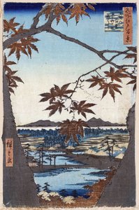 「名所江戸百景」（今日の東京）：真間のもみじと手古寺、継橋。 日本の東京の街の眺め。 (名所江戸百景 真間の手古名社橋と紅葉) 浮世絵