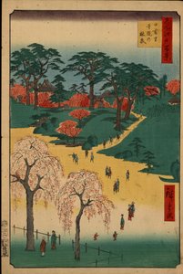 「名所江戸百景」（今日の東京）：日暮里の庭園。 日本の東京シティー ビュー。 （日暮里の寺院庭園（名所江戸百景））歌川広重（1797-1858）による版画 作： Ando or Utagawa Hiroshige
