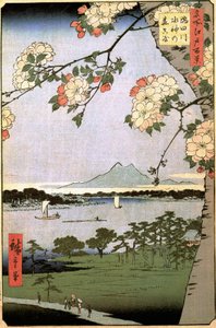 「名所江戸百景」（今日の東京）：隅田川のほとり、桜の枝の奥にある真崎と水神の森。 日本の東京の街の眺め。 （真崎と隅田川水神林（名所百景） 作： Ando or Utagawa Hiroshige