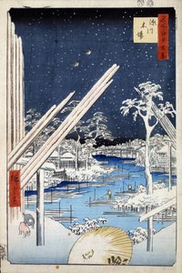 「名所江戸百景」：深川の材木屋。 日本の東京の街並み (名所江戸百景 深川材木場) 歌川広重 (1797-1858) 版画 作： Ando or Utagawa Hiroshige