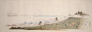 桜の頃、御殿山でピクニックをする人々（カラー木版画 作： Ando or Utagawa Hiroshige