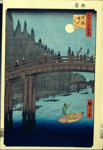 日本の木版画: 京橋橋の竹埠頭 (東京、日本)。 名所江戸百景シリーズ。 （京橋の竹岸、名所江戸百景）。 歌川広重 (1797-1858) の作品、木版 (39x26 cm) 作： Ando or Utagawa Hiroshige