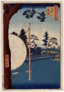 日本語版画: 高田競馬場 (東京、日本)。 （シリーズ江戸名所百景）。 （高田競馬場 名所江戸百景）。 歌川広重（1797-1858）の作品、木版画 作： Ando or Utagawa Hiroshige