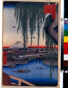日本語版画: 八ツ見橋 (東京、日本) のビュー。 名所江戸百景シリーズ。 （名所江戸百景 八隅橋の眺め）。 歌川広重 (1797-1858) の作品、木版 (37x24 cm) 作： Ando or Utagawa Hiroshige