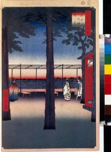 日本の木版画: 神田明神の夜明け (東京、日本)。 名所江戸百景シリーズ。 （名所江戸百景 神田明神明神） 歌川広重 (1797-1858) の作品、木版 (39x26 cm) 作： Ando or Utagawa Hiroshige